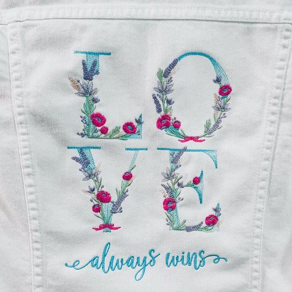 White Denim Jean Jacket-"Love Always Wins" - Picture 2 of 4